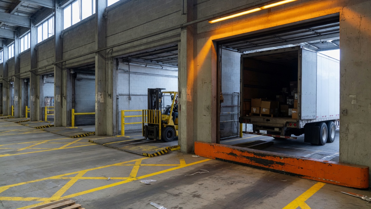Freight dock with a trailer at the bay