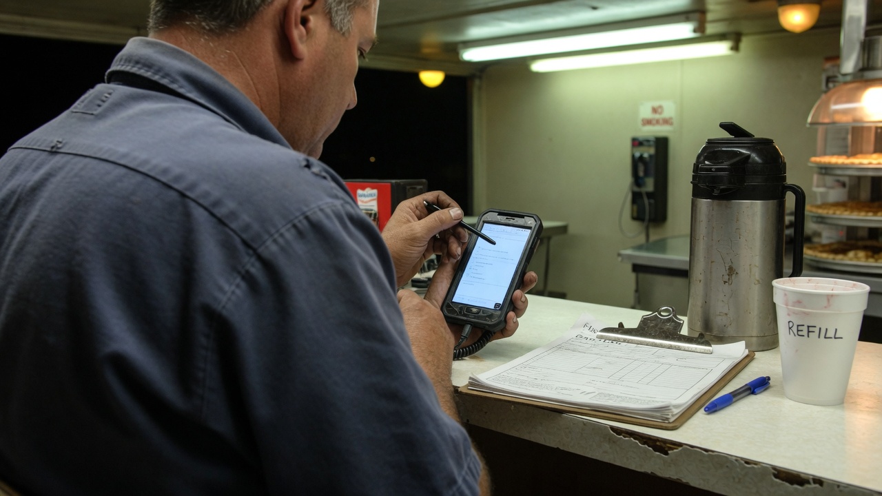 Driver completing onboarding on a phone at a truck stop